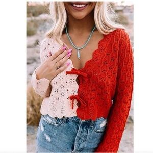 Sincerely Jules Large Pink Red Colorblock Bow Tie Front Cropped Cardigan Sweater